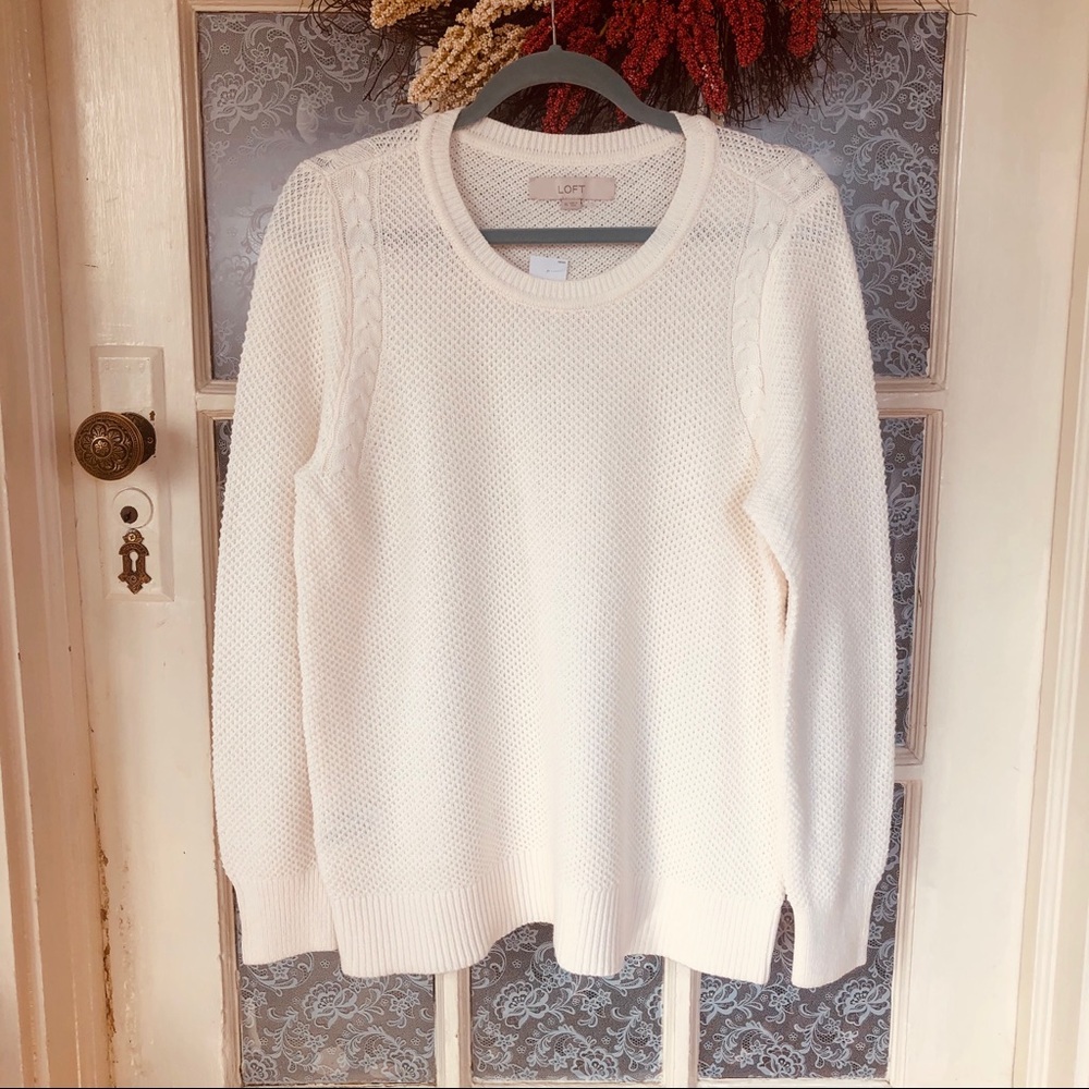 LOFT XXL White Cable Knit Trim Sweater - Picture 2 of 6